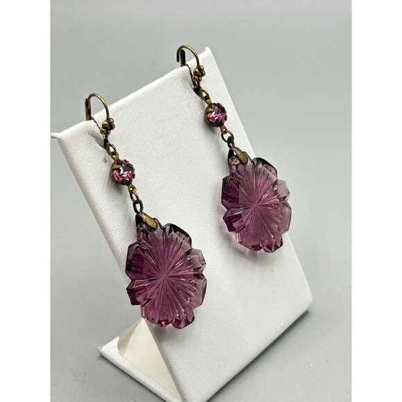 Art Deco Czech Glass Earrings dangles Pressed Amethyst Glass Drops Lever Back Ho - Picture 4 of 7